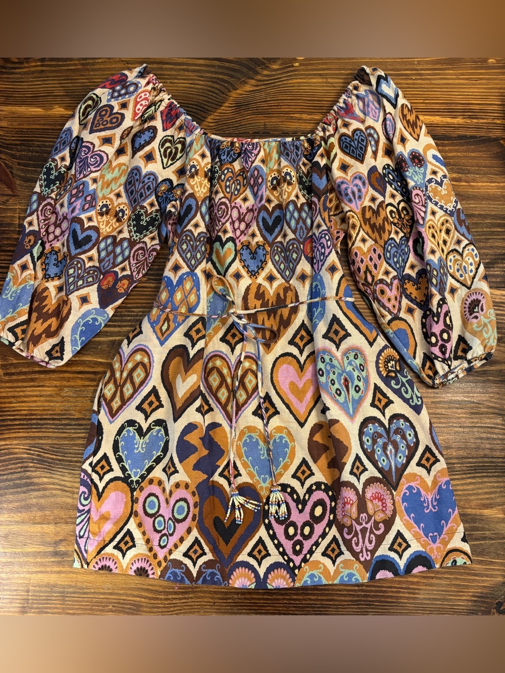 NWT Farm Rio Hearts Ikat Linen Mini Dress S Boho Colorful Fall Long Sleeve